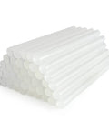 Stack of 90 count mini hot glue sticks for crafting and DIY projects, 4 inch long by 0.27 inch diameter, clear, fast melting, non toxic, low odor.