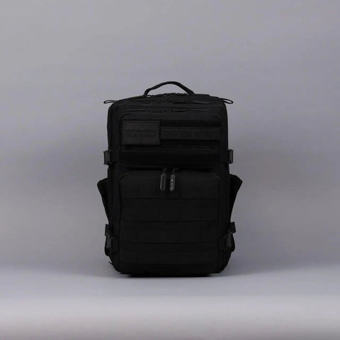 25L Tactical Gym Backpack Nightshade Edition With 1000D Waterproof Oxford Fabric, MOLLE Webbing, front view showing dual cup holders