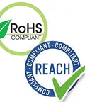 RoHS and REACH compliance symbols with check mark indicating environmental standards for safety.