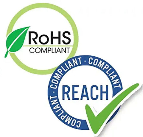RoHS and REACH compliance logos indicating adherence to safety standards for electronic products.