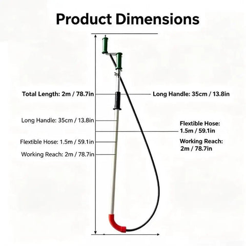 Product dimensions for Heavy Duty Manual Toilet Auger Six Foot Steel Drain Snake, with total reach of 2m and long handle of 35cm.