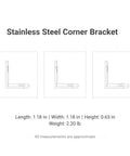 Diagram of Beefy Stainless Steel Corner Bracket For 90 Degree Furniture Reinforcement Right Angle Support, shown from three angles.