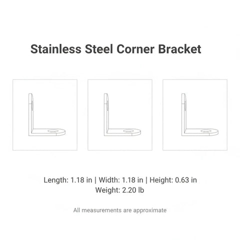 Diagram of Beefy Stainless Steel Corner Bracket For 90 Degree Furniture Reinforcement Right Angle Support, shown from three angles.