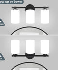 Black 2 Light Vanity Light Over Mirror Wall Sconce With Milky White Frosted Glass Shades, modern bathroom fixture in up down positions.