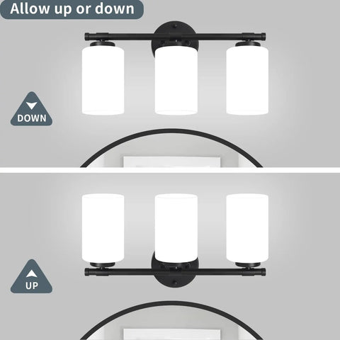 Black 2 Light Vanity Light Over Mirror Wall Sconce With Milky White Frosted Glass Shades, modern bathroom fixture in up down positions.