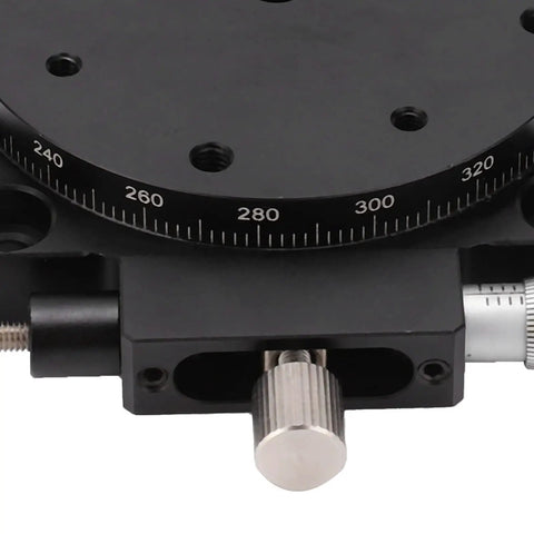 Close-up of RS60 L Manual Rotary Stage R Axis Platform showing 2.36 inch diameter table with precision markings and adjustment knob.