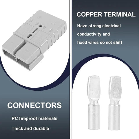 Beefy 350A Battery Connector For 2/0 AWG Cables Gray Color, Ideal For Forklift Recovery Winches And Towing Systems, Delivers 350 Amps Continuously At Up To 600V, Must Pair Only With The Same Color And Type For Safe Use, gray connector with copper terminal and two crimp lugs