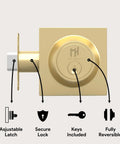 Side view of Heavy Duty Deadbolt Lock For Front Door, Satin Brass Square Locking Bolt, fits left or right handed doors, includes hardware.