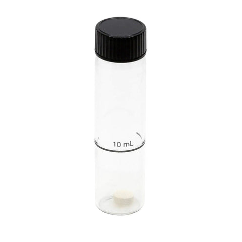 Clear 10 mL vial with black screw cap for use in Comprehensive Home Water Test Kit For Lead Bacteria Nitrates Ph Hardness Chlorine Copper Iron And More With Digital Tds Meter No Sweating Over Tap Or Well Water Safety.