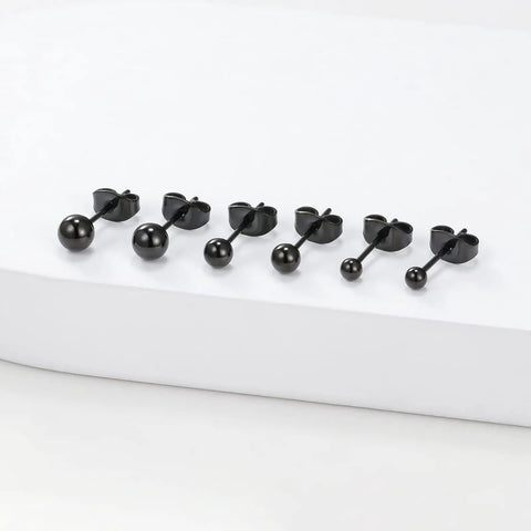 Hypoallergenic Titanium Ball Stud Earrings for Sensitive Ears, 3mm 4mm 5mm black, front view on white