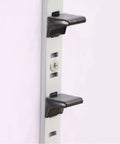 Adjustable Heavy Duty Steel Pilaster Shelf Clips, Quick No Sweat Snap Install Brackets For Wood And Metal Storage Systems, Rock Solid Matte Black 23 Gauge close up of clip on rail.