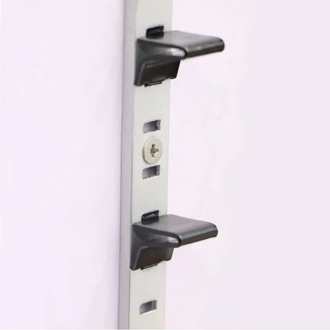Adjustable Heavy Duty Steel Pilaster Shelf Clips, Quick No Sweat Snap Install Brackets For Wood And Metal Storage Systems, Rock Solid Matte Black 23 Gauge close up of clip on rail.