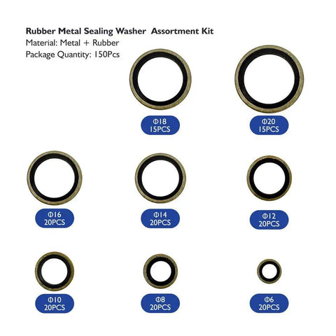 Rock Solid Hella Durable 150Pcs Bonded Seal Washer Assortment Kit With Metal Rubber Gaskets And Slick Self Centering High Pressure Oil Seals Ready For Automotive Repairs And Pump Maintenance Work