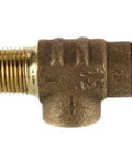 Side view of brass 3/4-inch pressure relief valve with threaded inlet and adjustable cap