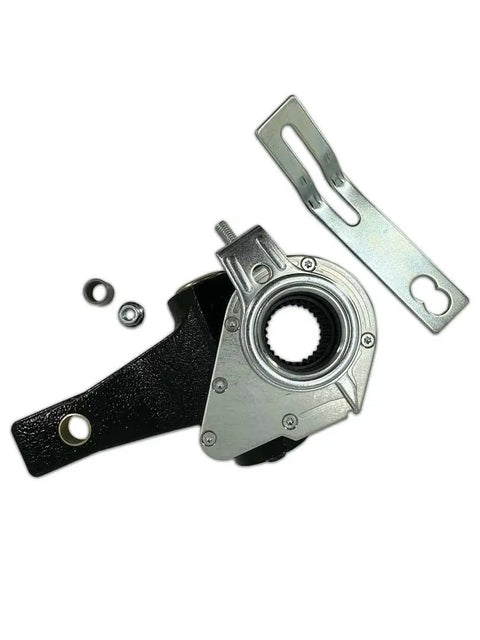 Automatic Brake Slack Adjuster 1.5 Inch Diameter With 5.5 Inch Arm Length For Semi Trucks 28 Spline Teeth Direct OEM Replacement Heavy Duty Truck Part Easy Fit Durable, front view with mounting bracket