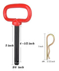 Two Pack Three Quarter Inch By Four And A Half Inch Steel Hitch Pins With Red Rubber Coated Handles And Clips For Tow Hitch Receiver Heavy Duty Clevis Pins Red Color Trailer Pins, shown with measurements and clip.