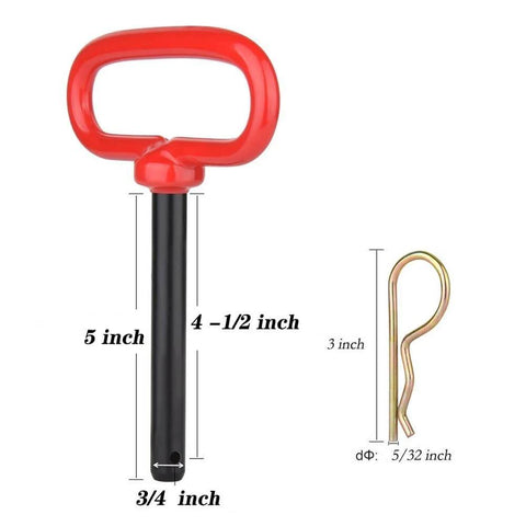 Two Pack Three Quarter Inch By Four And A Half Inch Steel Hitch Pins With Red Rubber Coated Handles And Clips For Tow Hitch Receiver Heavy Duty Clevis Pins Red Color Trailer Pins, shown with measurements and clip.