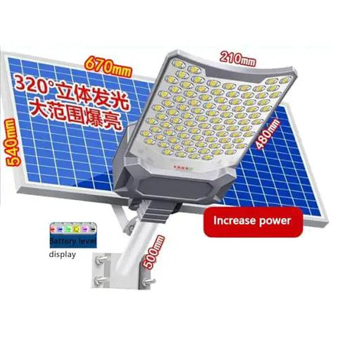 Top Shelf Solar Street Light Featuring Slick Remote And Rock Solid Pole Mounts Delivers Blazing Wide Angle Glow Perfect For Driveways Patios And Public Roads With Smart Dusk To Dawn Sensor Tech, showing solar panel and LED light details.