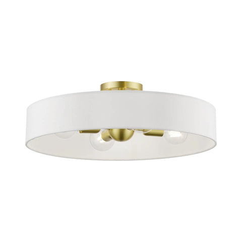 4 Light Brushed Nickel Semi Flush Mount Ceiling Fixture With Off White Fabric Hardback Shade, Venlo Collection, bulbs exposed view