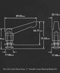 Technical diagram of Gray L Handle Linear Bearing Brake Kit with measurements, showcasing die-cast zinc construction and design.