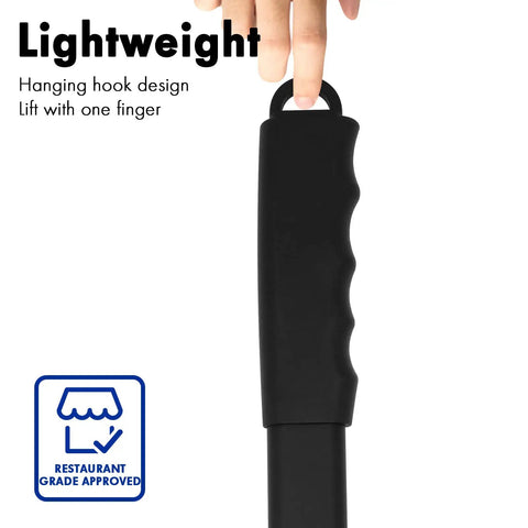 Close-up view of the silicone handle on the Perforated 12 Inch Metal Pizza Peel With Long Handle Non Stick Aluminum Paddle.