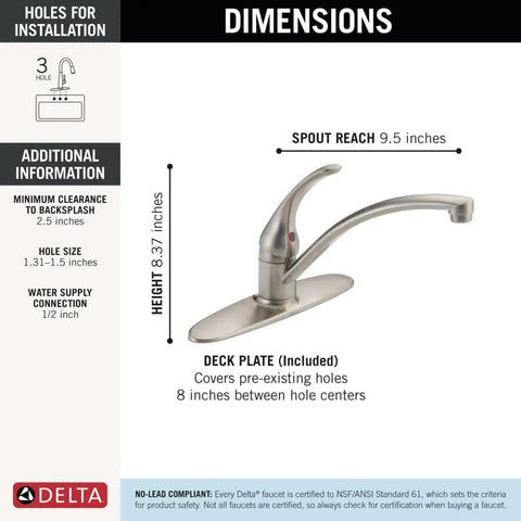 Dimensions of Foundations Brushed Nickel Kitchen Faucet With Single Handle, Modern Three Hole 8 Inch Spread, Brushed Nickel Finish