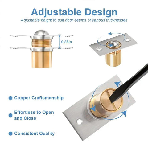 Close-up of adjustable spring stainless steel ball catch for top of door and closet doors, showing recessed install design.