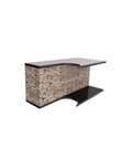 Modern decorative console table with marble finish and sleek black accents.