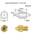 Technical diagram and images of Eight 0.6mm MK8 Extruder Nozzles for 3D Printers showing dimensions and brass construction