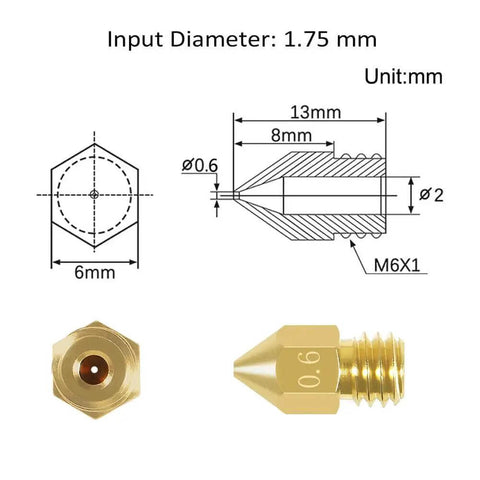 Technical diagram and images of Eight 0.6mm MK8 Extruder Nozzles for 3D Printers showing dimensions and brass construction