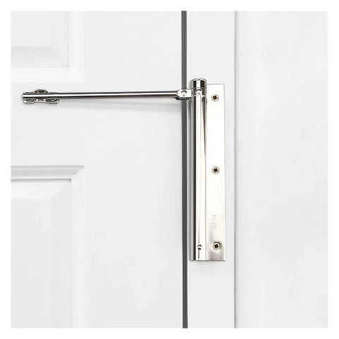 Adjustable Door Closer Hinge With Spring, Stainless Steel, Chrome Finish, Easy Install for Interior Doors on white door