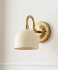 Modern Brass Bowl Wall Sconce - Mid Century Modern Light Fixture Pair (Set of 2) mounted on wall, showcasing beige finish.