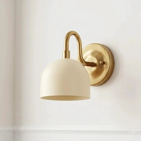 Modern Brass Bowl Wall Sconce - Mid Century Modern Light Fixture Pair (Set of 2) mounted on wall, showcasing beige finish.