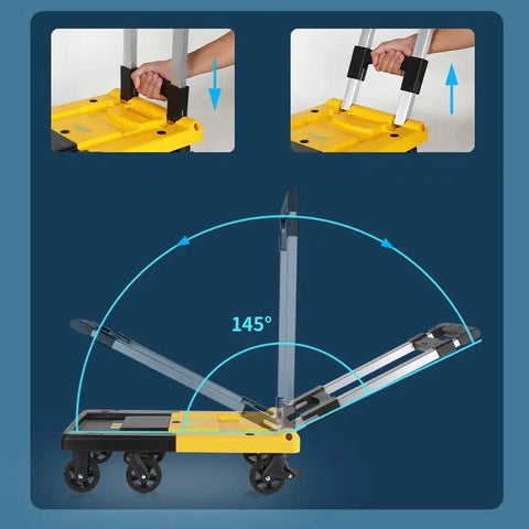 Beast Heavy Duty Folding Platform Cart For Moving Heavy Loads At Home Or Office Portable Cargo Trolley With Ergonomic Push Pull Handle Easy Fold Design Durable Luggage And Transport Cart With Big Load Capacity, 145° folded side view