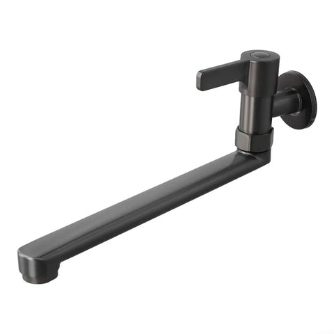 Wall Mounted Kitchen Faucet Cold Water,304 Stainless Steel Extended Spout Rotatable Single Handle For Sink Mop Pool,Gray(25cm) with a sleek black finish.