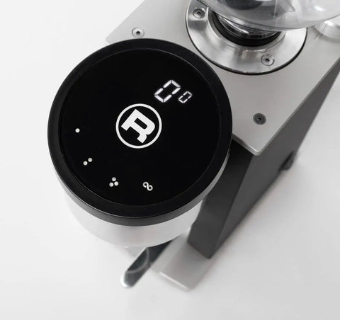 Top view of the Precision Grinder from the Rock Solid Dual Boiler Espresso Machine Bundle with sleek black finish.