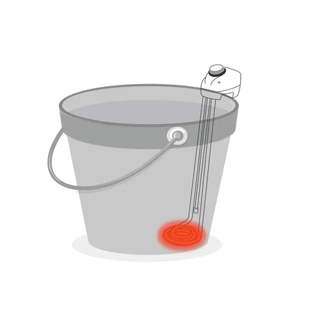 Immersion Bucket Water Heater 1500W With Auto Shutoff inside gray bucket heating water with red glow at base
