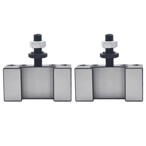 Premium Two Pack Ax Style Piston Tool Holder For Mini Metal Lathes in steel, designed for half inch bits, shown from the front.