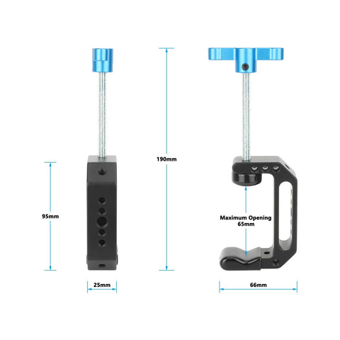 Aluminum C Clamp With 1/4 Inch And 3/8 Inch Mounting Points Blue T Handle Beefy Heavy Duty Desk Cart Bench Post Clamp Jaw Opens 3mm To 65mm Rock Solid Rigging For Studio Cameras Woodworking And DIY Projects, black clamp with 190mm height and 65mm opening