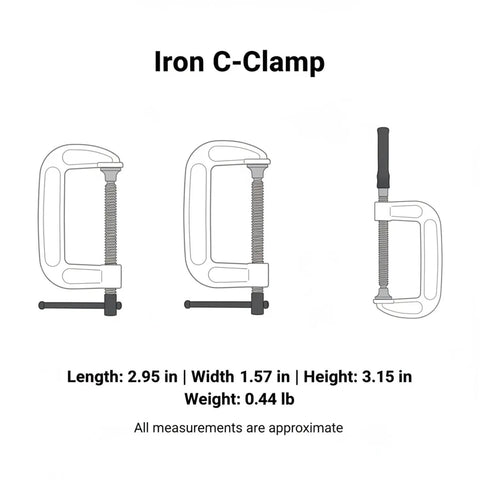 Iron C Clamp illustration showing dimensions 2.95x1.57x3.15 inches, lightweight 0.44 lb for woodworking projects.