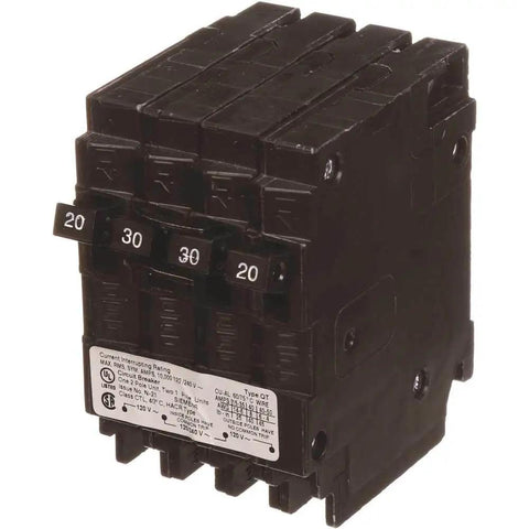 Q22030CT 30 Amp Double Pole And Two 20 Amp Single Pole Triplex Plug In Circuit Breaker Kit For Load Centers And Meter Combos Space Saving UL Listed And Compatible With Electrical Panels black breaker front view
