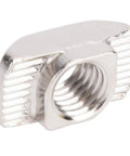 European Standard T Nut 45T M8 Threaded Sliding Nut for Aluminum Profiles, silver metal, close-up