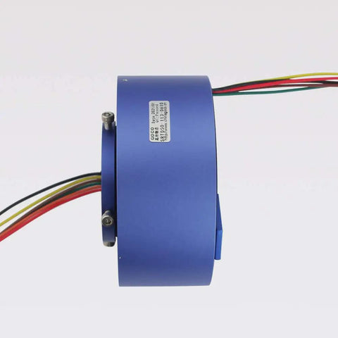 Side view of Beefy Through Hole Slip Ring 6 Wire 6 Channel Conductive Rotary Connector 10A 220VAC DC with colored wires
