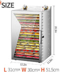 Heavy Duty Commercial Food Dehydrator With Rust Proof Steel Build Triple Rack Setup And Flawless Temp Control For Crushing Through Massive Loads Of Tomatoes Pork Chops And Kale Greens in stainless steel, showcasing dried fruits.