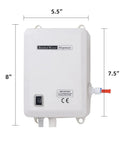 Bottled Water Dispenser Pump System With 20 Foot Reach, 110V AC US Plug, Single Inlet, front view dimensions displayed