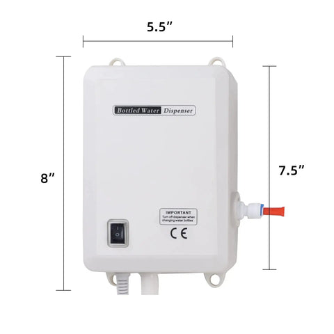 Bottled Water Dispenser Pump System With 20 Foot Reach, 110V AC US Plug, Single Inlet, front view dimensions displayed
