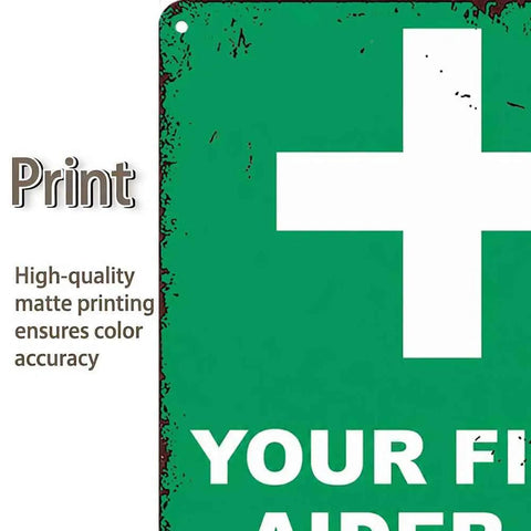 Close-up of 12 By 8 Inch Aluminum First Aider Information Sign Built To Last With Crisp Print, Rust Resistant Metal, matte finish