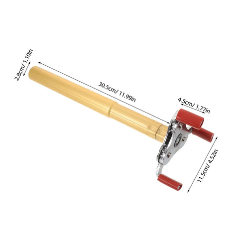 Dead Simple Fire Alarm Removal Tool With Long Extendable Pole showing rugged golden pole and claw grip, size dimensions included.