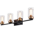 Vintage Vibe 31 Inch Bathroom Vanity Light Fixture With Four Lights Seeded Glass Shades Gold Lamp Base On Black Metal Backplate