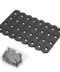 Eight Piece Stainless Steel Mending Plates 4 Inch Square Corner Brackets With Matching Screws for heavy duty furniture repair, showing black brackets and screws.